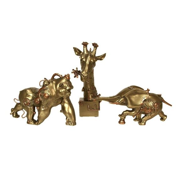 Set of Three Steampunk Sculptures: Elephant Gorilla Giraffe in Bronze Resin